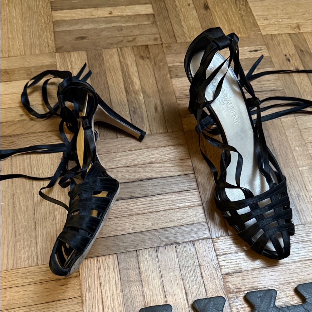 Yves Saint Laurent Black Satin Lace-Up Cage Heels - Picture 2 of 10